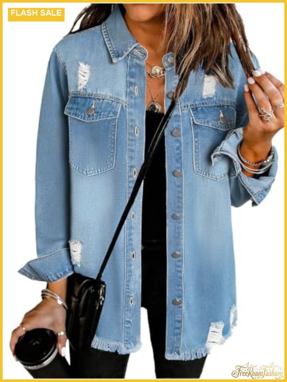 Oversized Distressed Denim Shacket Boyfriend Jean Jacket Cotton Blend